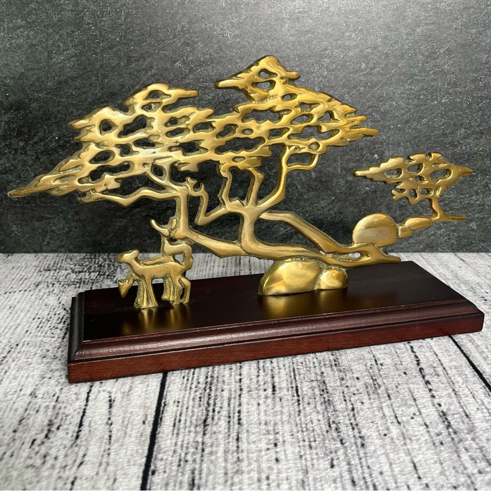 Vintage Brass and Wood Bonsai Tree with 3 Grazing Deer Sculpture Decor